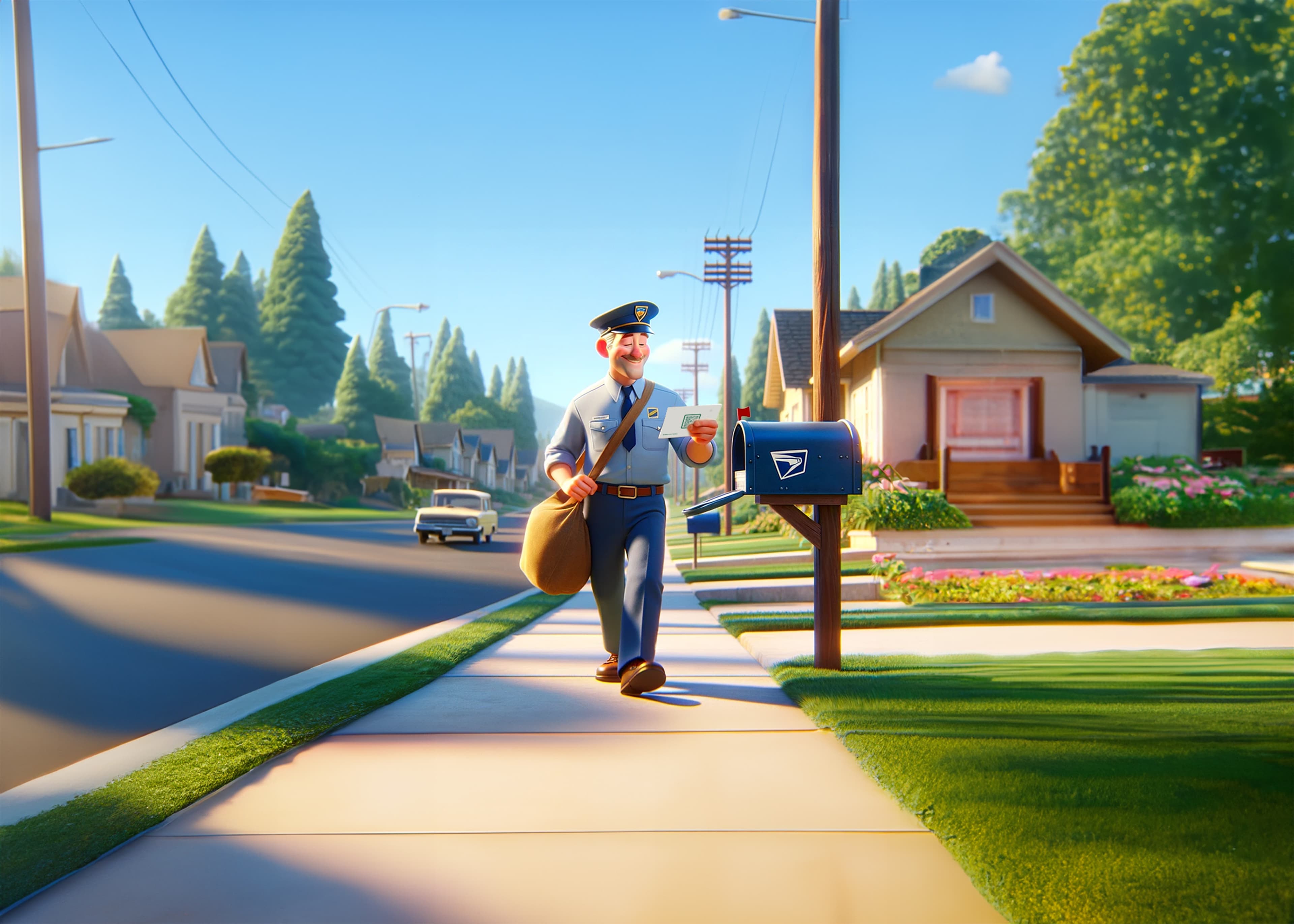 mailman delivering better letter with qr code on back