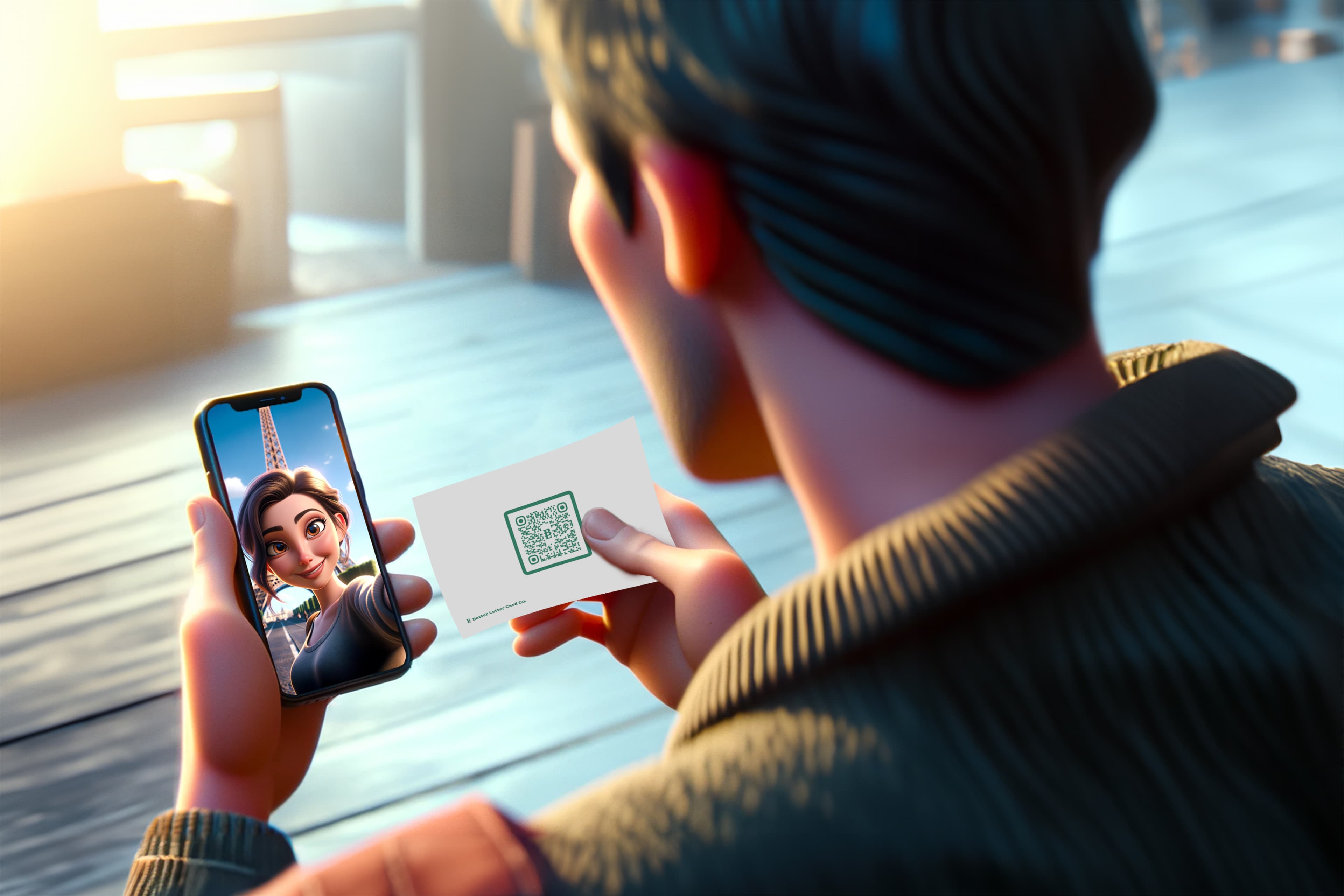 man holding a phone watching a video with a postcard in his hand