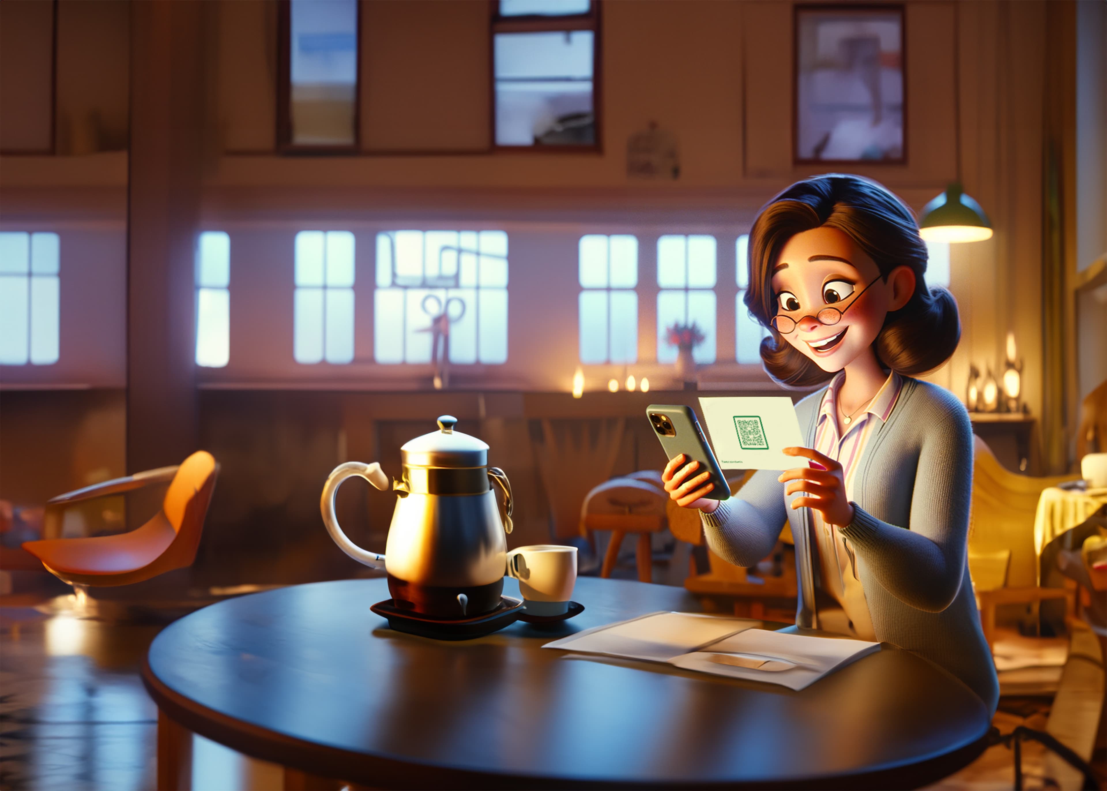 woman smiling holding a better letter postcard and looking at phone